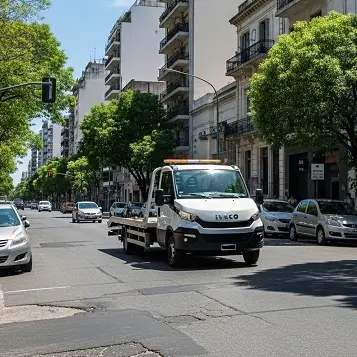 Grúa de plancha circulando por calle de Buenos Aires
