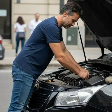 Mecánico revisando el motor de un auto con el capot levantado