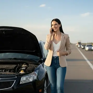 Mujer hablando por teléfono parada adelante de un auto con el capot levantado