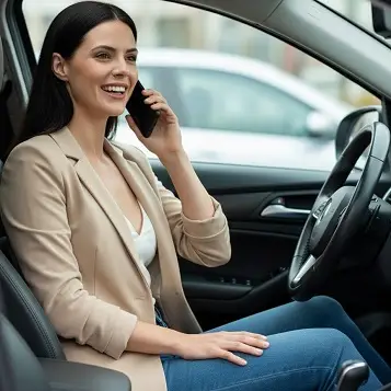 Mujer sentada en el auto hablando por teléfono