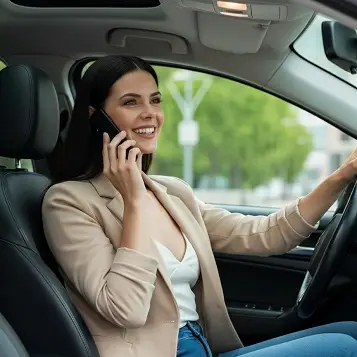 Mujer sentada en un auto hablando por teléfono con Grúas del Norte